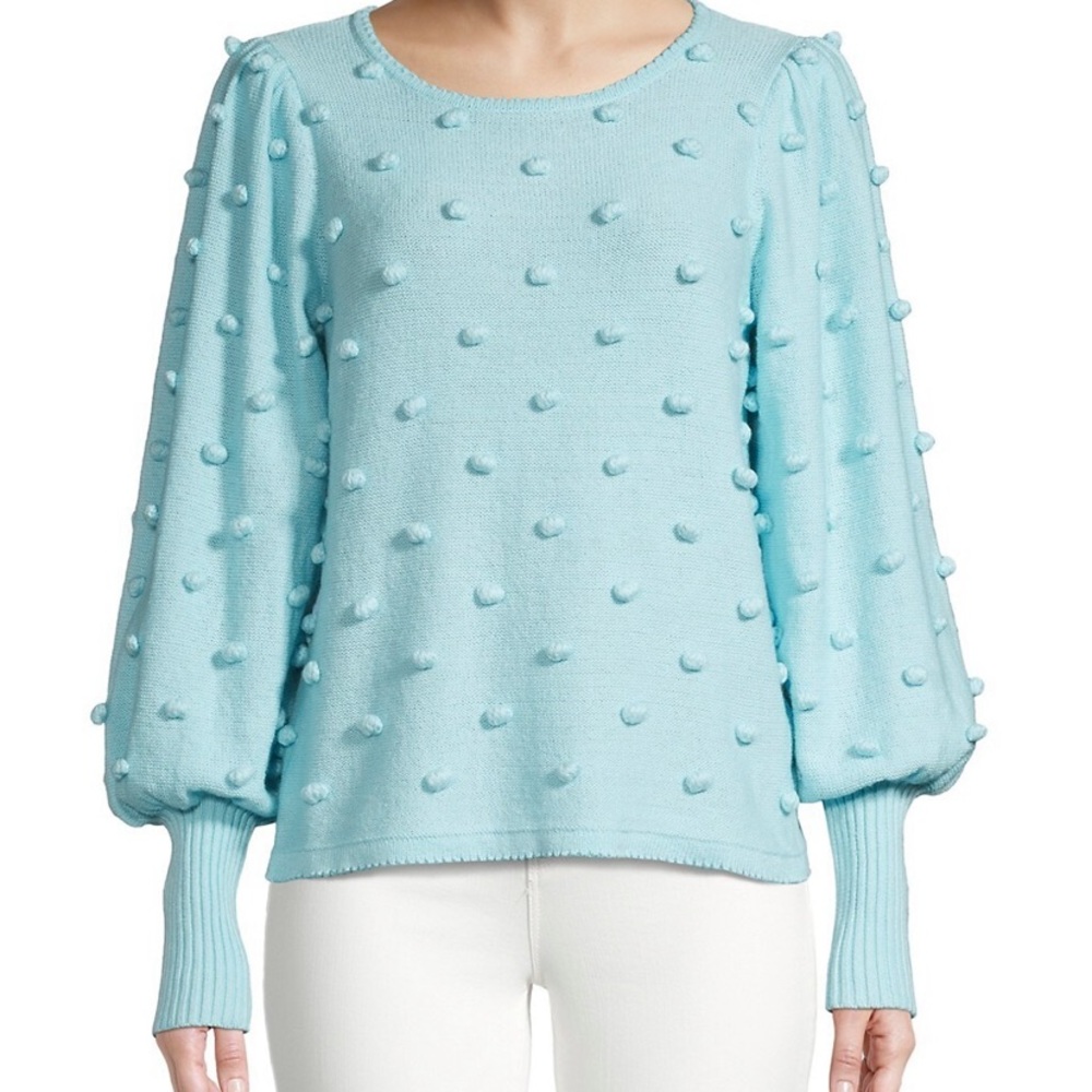 Light blue crew neck pompom sweater